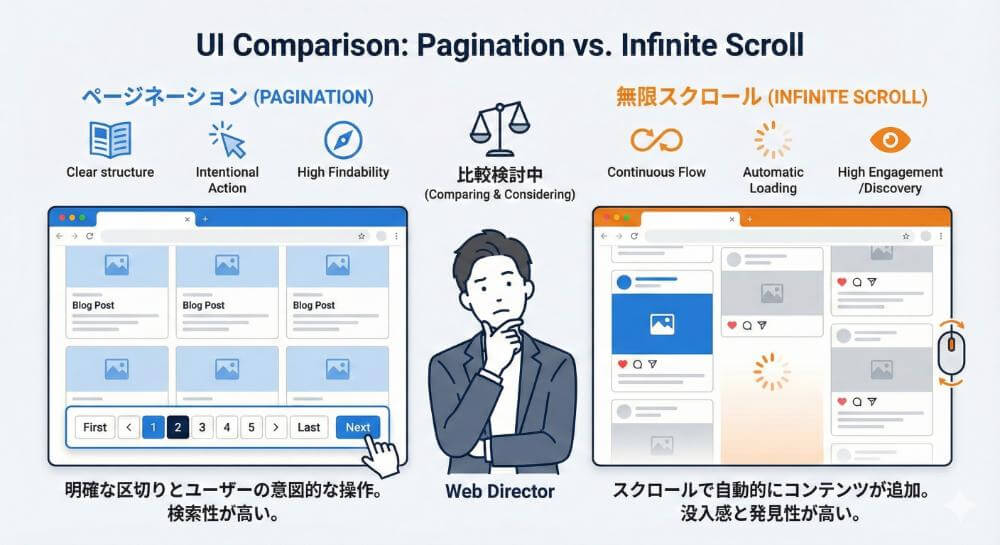 ここにページネーションと無限スクロールの比較図解