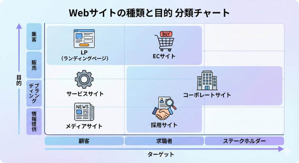 Webサイトの種類と目的をマトリクス状に整理した分類チャート図