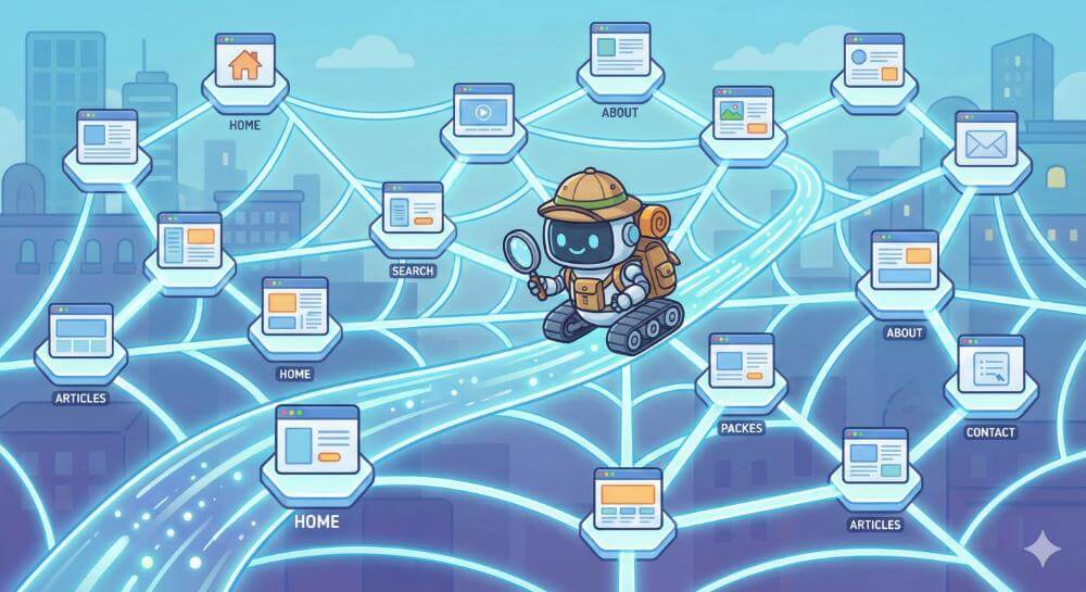 クローラー(ロボットのキャラクター)がWebサイトのリンクを辿ってページからページへと移動している様子