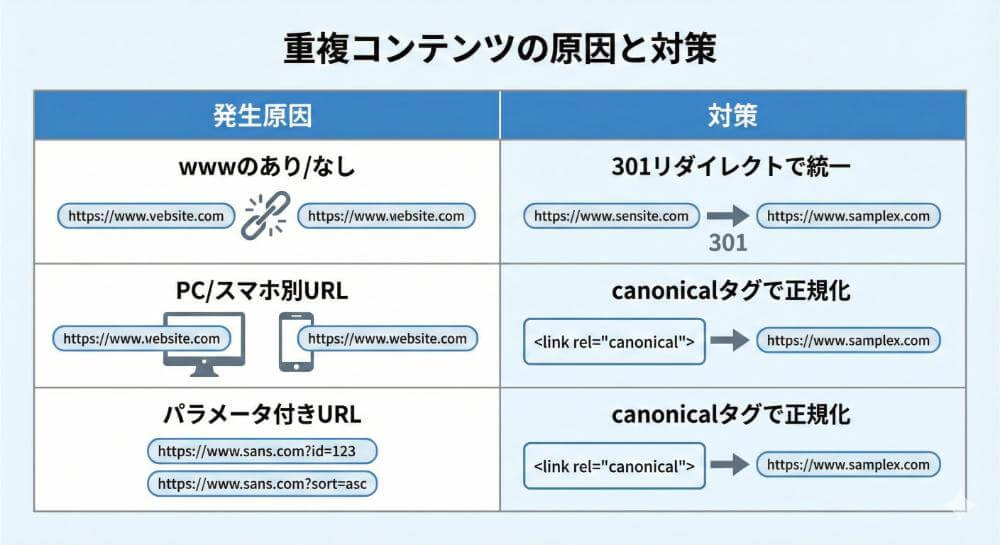 重複コンテンツの発生原因と対策の対応表