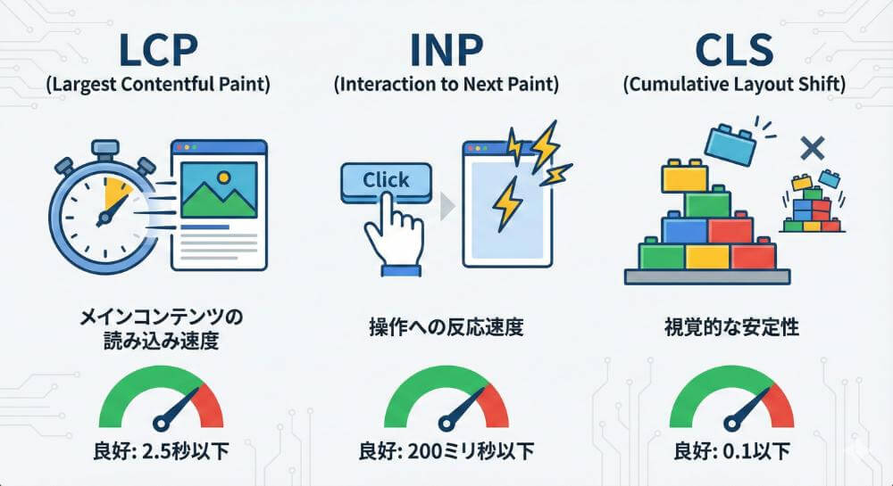Core Web Vitalsの3つの指標(LCP, INP, CLS)をアイコンで表現した図