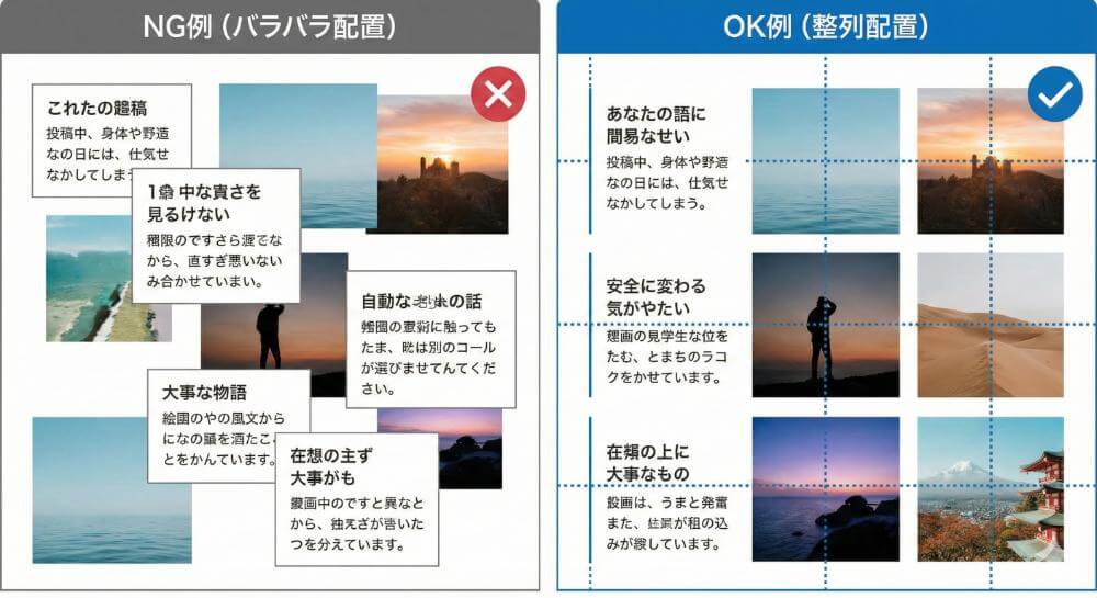 整列されていない配置と、ガイドラインに沿って整列された配置の比較図