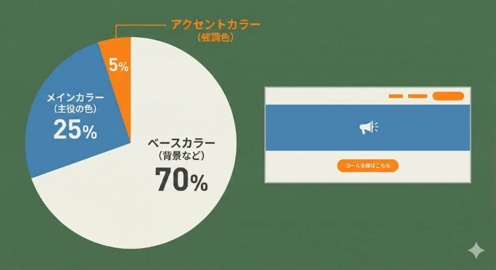 配色の黄金比（70:25:5）を示す円グラフやバナー例