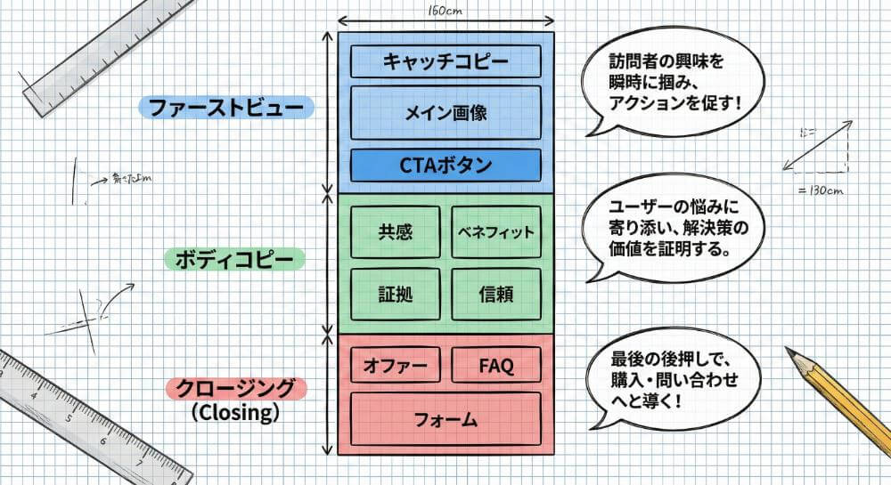 ここに売れるLPの基本構成（ファーストビュー〜クロージング）のワイヤーフレーム図解