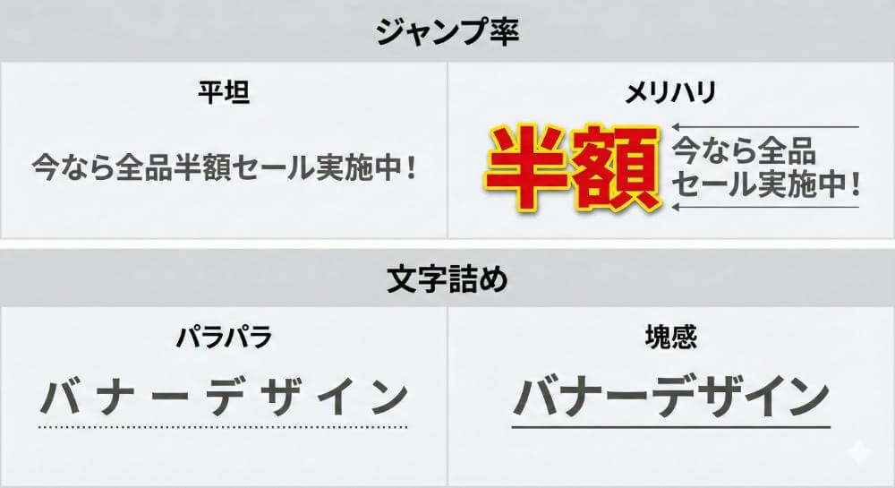 ジャンプ率が低い例と高い例、文字詰めありなしの比較画像